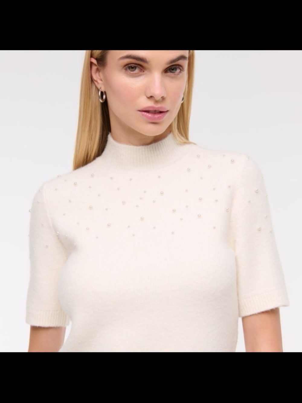 Abercrombie & Fitch Pearl-Embellished Cream Short-Sleeve Sweater